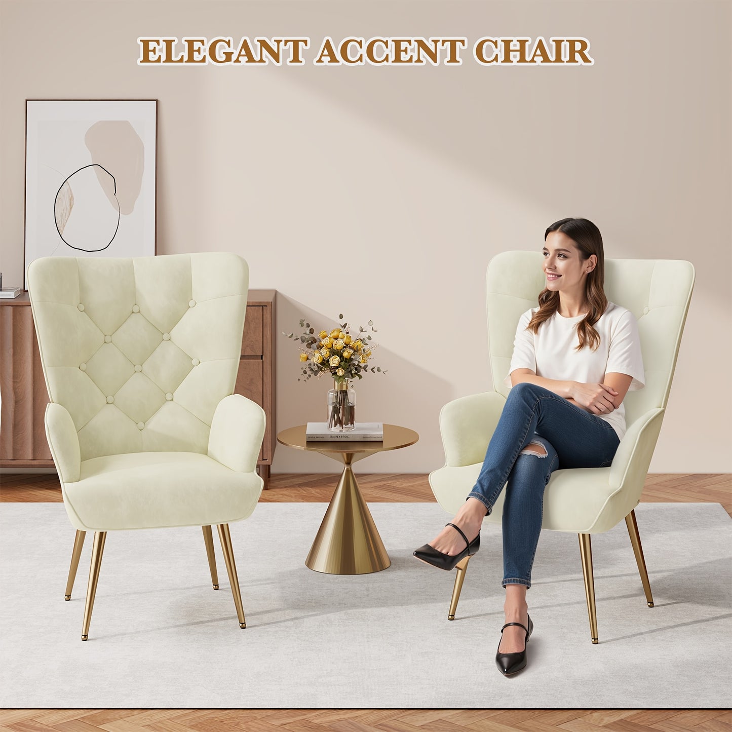 Fauteuil – Relaxstoel – Zetel – Lounge Chair – Accent Stoel – Mid-Century Design – Velvet Bekleding – Memory Foam Zitting – Hoog Rugleuning Wingback – Stevig Metalen Frame