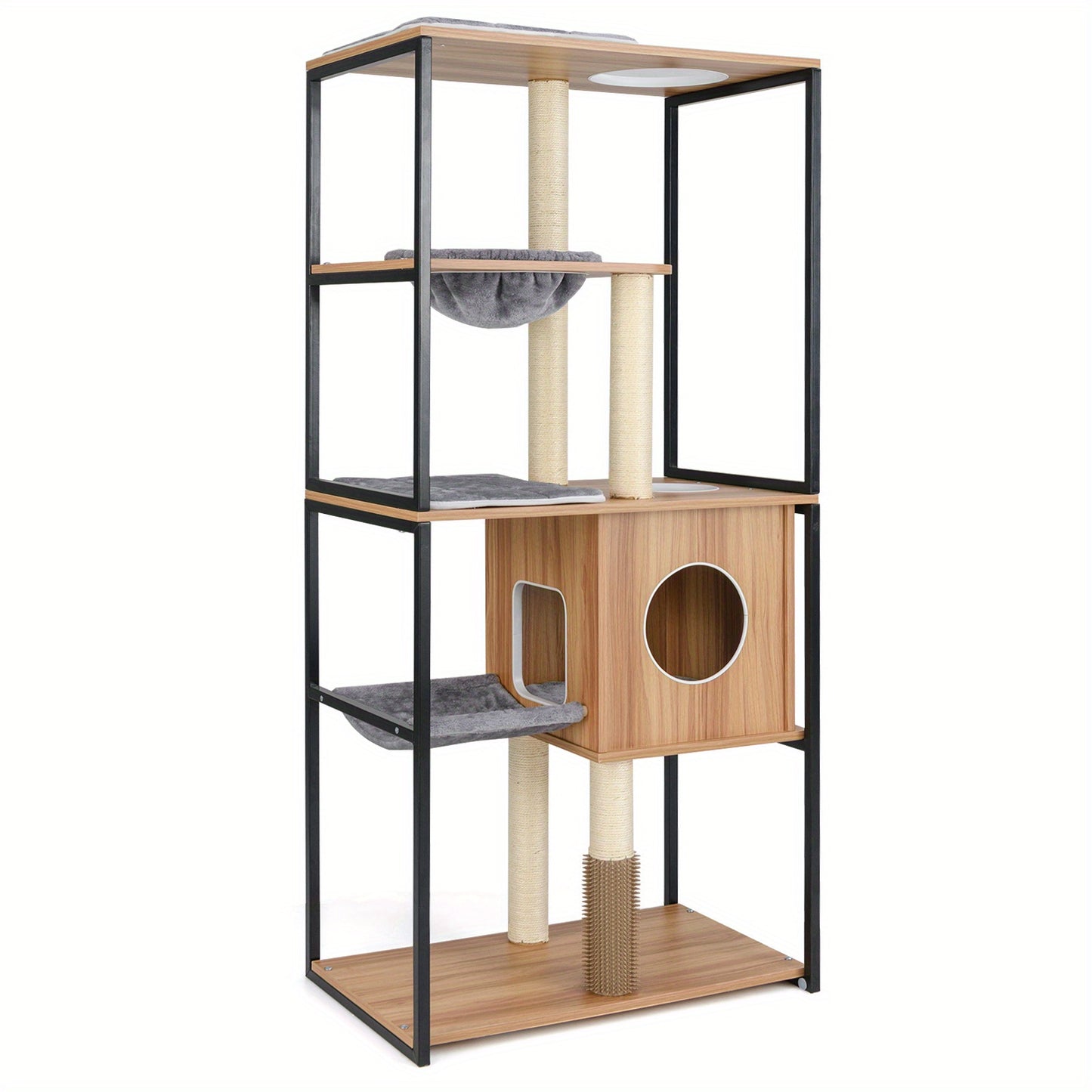 Krabpaal – Kattenpaal – Kattenmeubel – Kattenboom – Klimeiland – 160 cm Hoog – Met Metalen Frame & Ingebouwde Kattenborstel – Natuurlijk Grijs Zwart