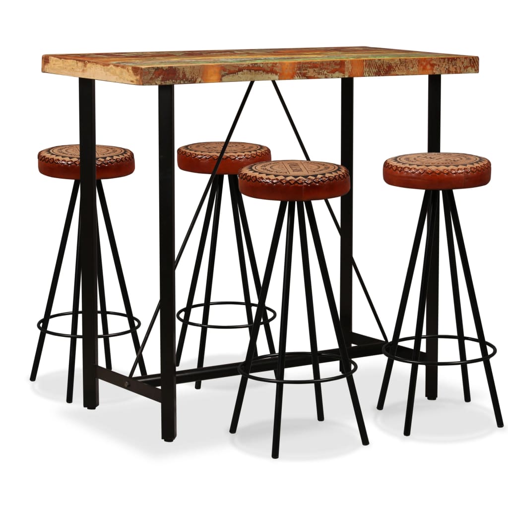 Barset – Tuinbarset – Bistroset – Tuinmeubelset – Barstoelen – Massief Gerecycled Hout – 4 Barkrukken Met Leer En Canvas