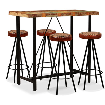 Barset – Tuinbarset – Bistroset – Tuinmeubelset – Barstoelen – Massief Gerecycled Hout – 4 Barkrukken Met Leer En Canvas