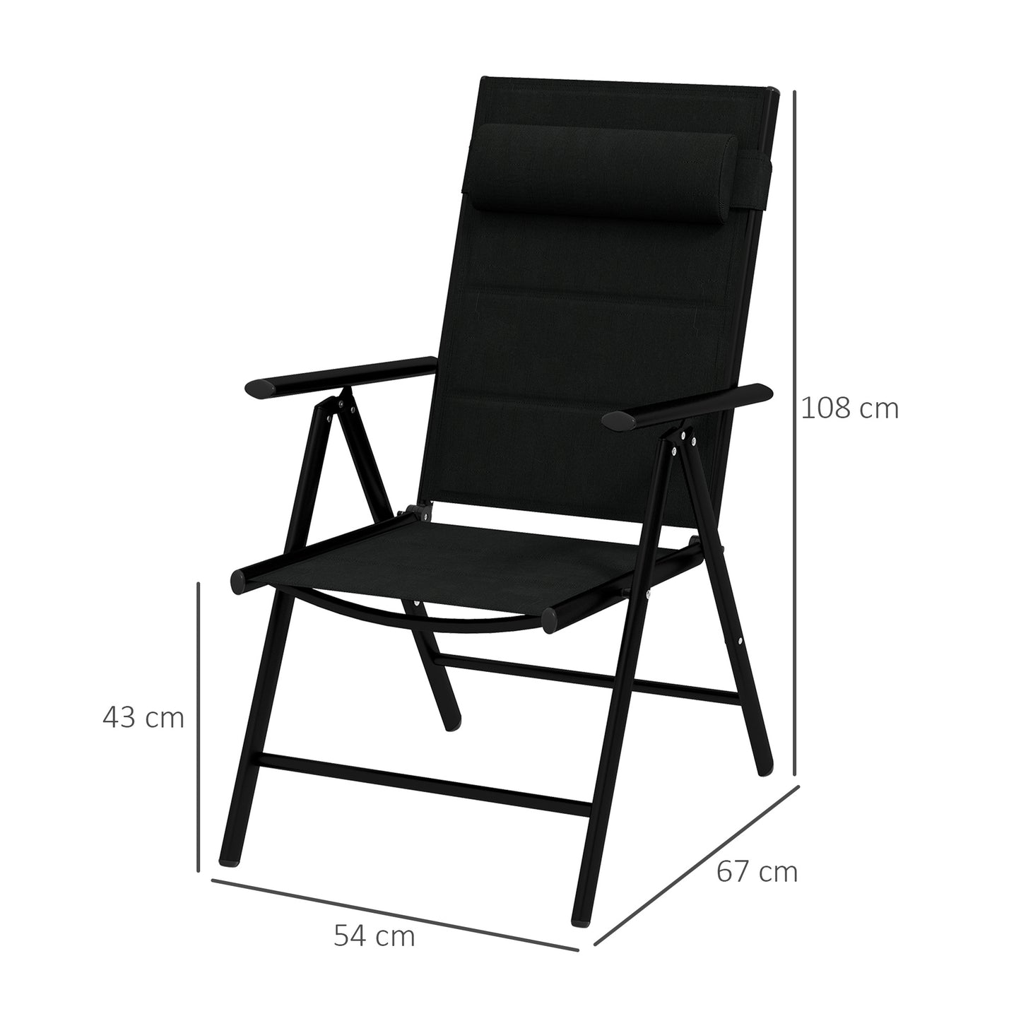 Opvouwbare Tuinstoelen – Klapstoel – Tuinstoel – Campingstoel – Balkonstoel – Met Hoofdsteun en Armleuningen – Aluminium Frame – 130 kg Draagkracht – Zwart – Set van 2 – 54x67x108 cm