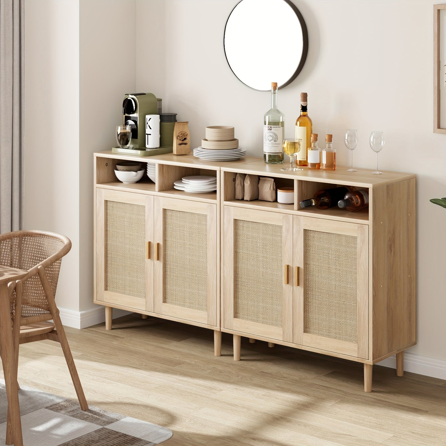 Dressoir – Sideboard – Buffetkast – Opbergkast – Keukenkast – Rotan Afwerking – 2 Deuren Met Open Plank – Stevig Houten Poten