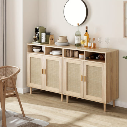 Dressoir – Sideboard – Buffetkast – Opbergkast – Keukenkast – Rotan Afwerking – 2 Deuren Met Open Plank – Stevig Houten Poten