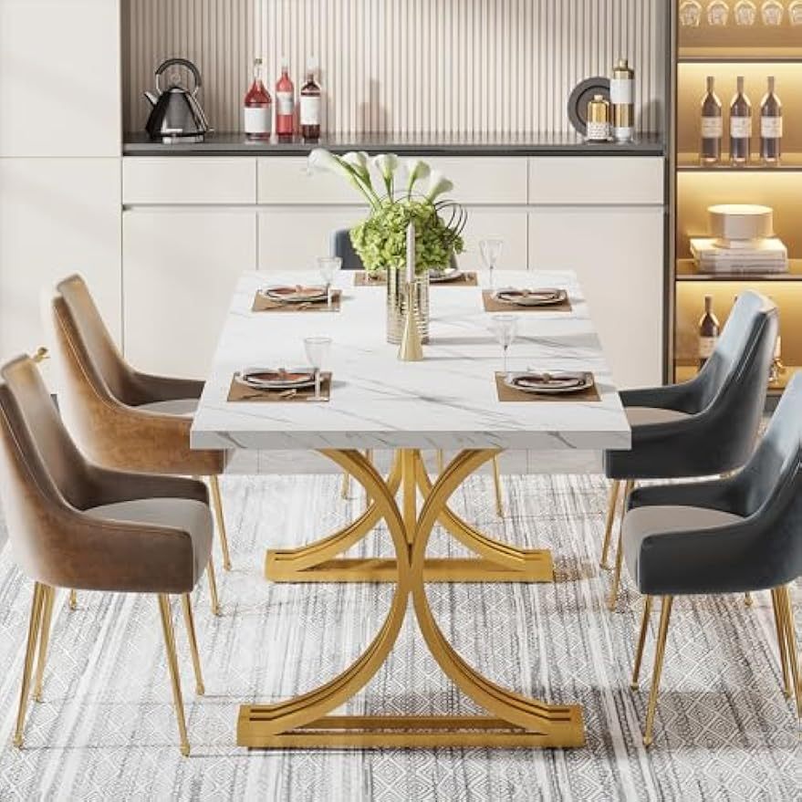 Eettafel – Tafel – Dinertafel – Keukentafel – Vergadertafel – Modern – Wit & Goud – 160x80 cm – Stevige Metalen Poten – Faux Marmeren Tafelblad