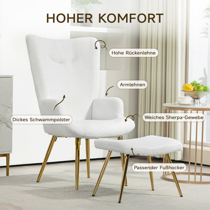 Fauteuil – Loungestoel – Relaxstoel – Zetel – Fauteuil Met Poef – Fluffy Sherpa Bekleding – Verstelbare Voetjes – Stalen Poten – Hoog Rugleuning – Wit