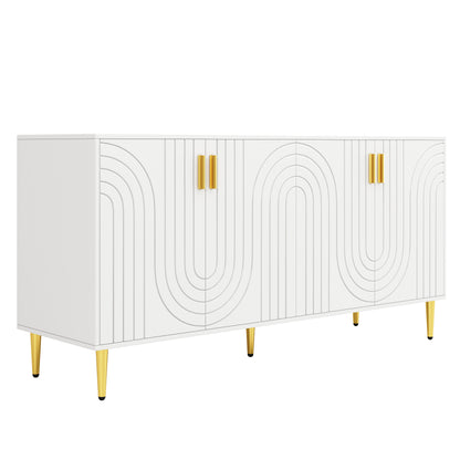 Wit Sideboard – Dressoir – Buffetkast – Opbergkast – Eetkamerkast – Uniek Golf Design – Gouden Handgrepen en Poten – 152 x 40 x 75 cm – Multifunctionele Opbergruimte