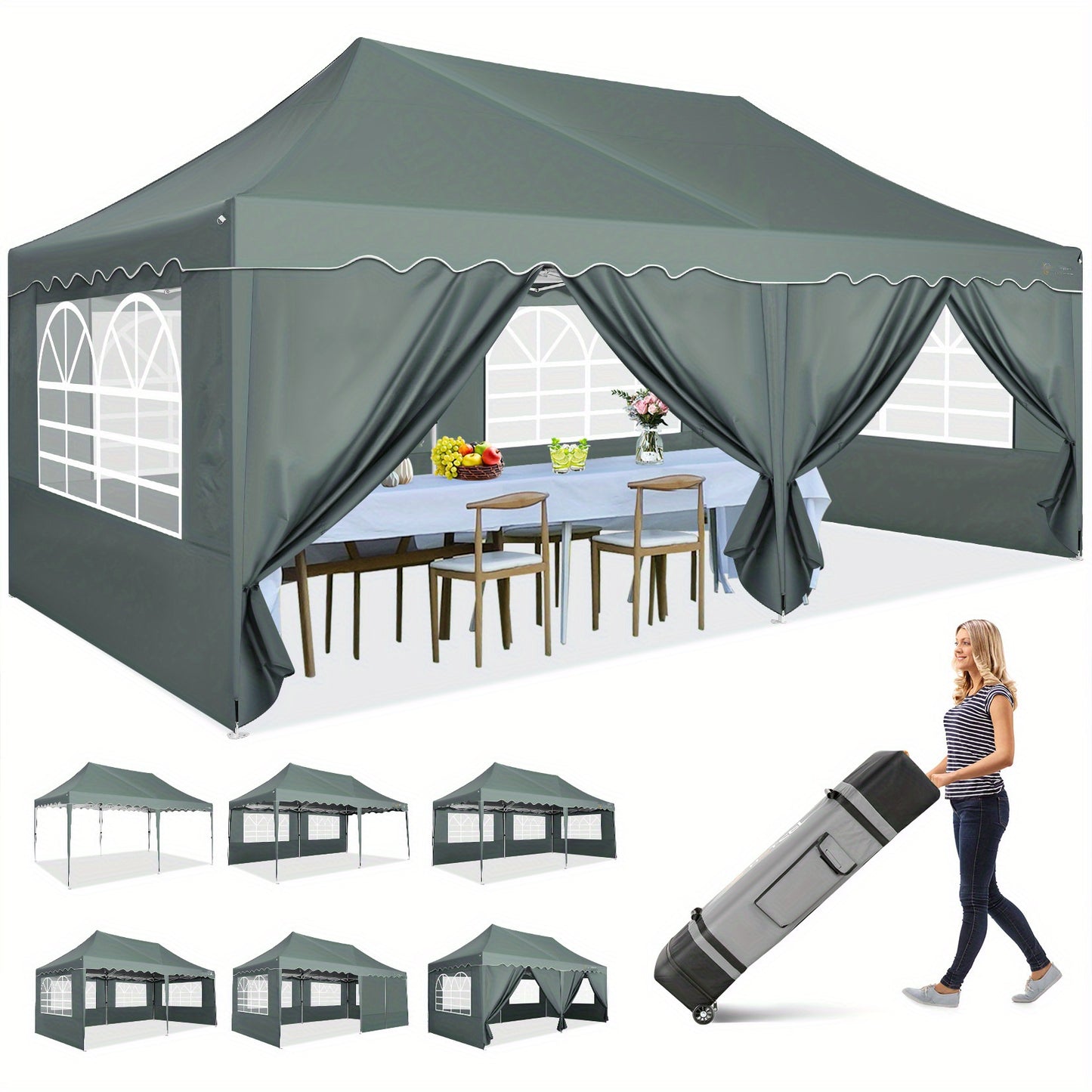 3.05x 6.1meter Canopy with Side Walls, Pop-up Tent, Party Tent with Roller Bag And 4 Sandbags, Easy to Install, Sunproof, Suitable for Camping, Picnics, Barbecues, Parties