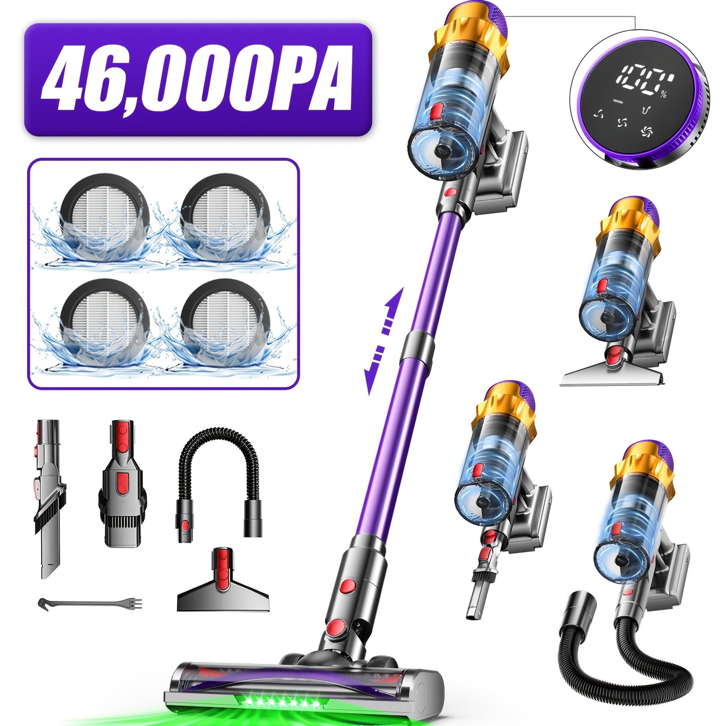 Authmic 2L Cordless Vacuum Cleaner 46000Pa/70Min Upgrade | With Display, Anti-Tangle Brush, Wall Charging Station, 8-Layer Filtration, Ultra-Quiet, Suitable for Pet Hair, Carpets, Hard Floors, Cars