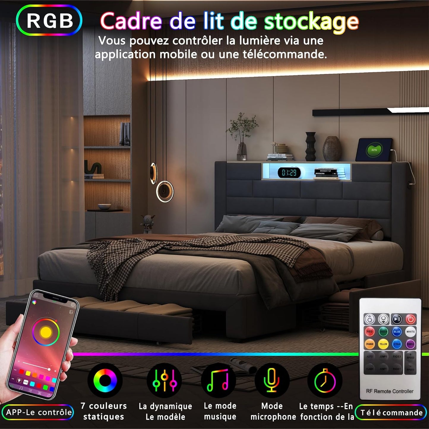 Tweepersoonsbed – Dubbelbed – Slaapbed – Led-bed – Opbergbed – Grijs 140x200 cm – Ingebouwde LED-verlichting – USB- en Type-C-poorten