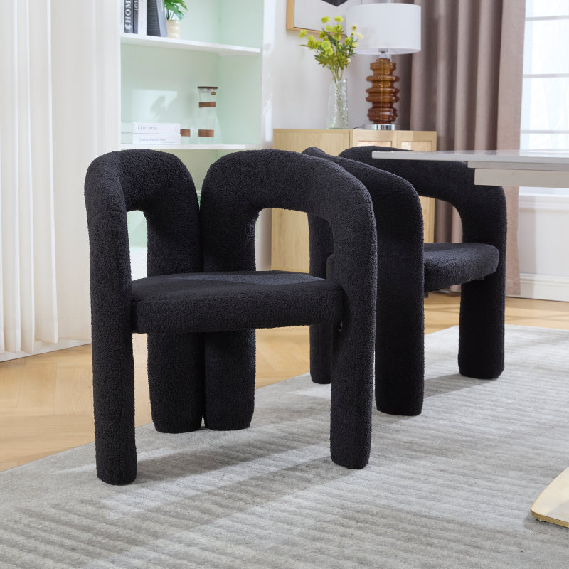 Stoel – Eetkamerstoel – Bureaustoel – Fauteuil – Leesstoel – Teddyflor Bekleding – Ergonomische Rugsteun – Zithoogte 42 cm – Stevig Houten Frame – Zwart