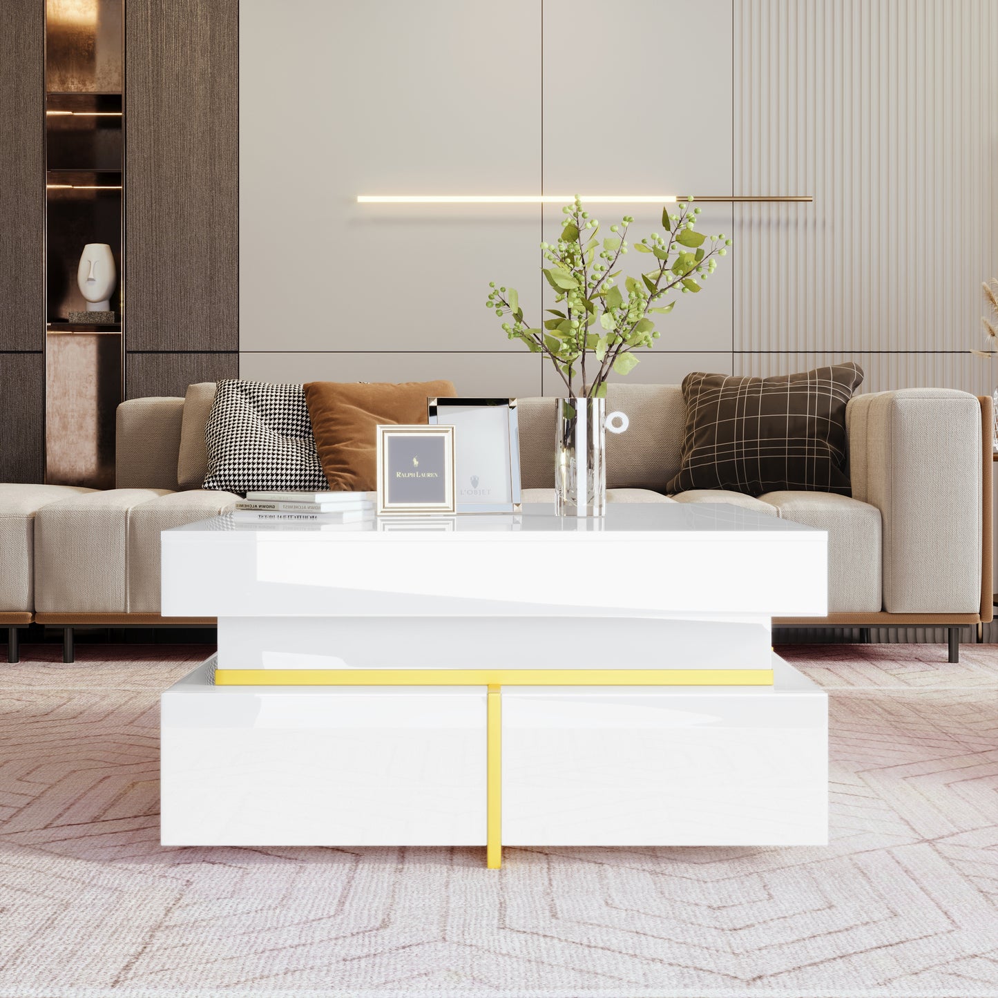 Salontafel – Koffietafel – Woonkamertafel – Bijzettafel – Opbergtafel – Hoogglans Wit Met Gouden Accenten – 2 Laden – Compact 70x70x35,5 cm