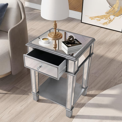 Nachtkastje – Bijzettafel – Sidetable – Opbergtafel – Nachtkast – Spiegelglas – 45x38x64 cm – Met Lade en Open Plank