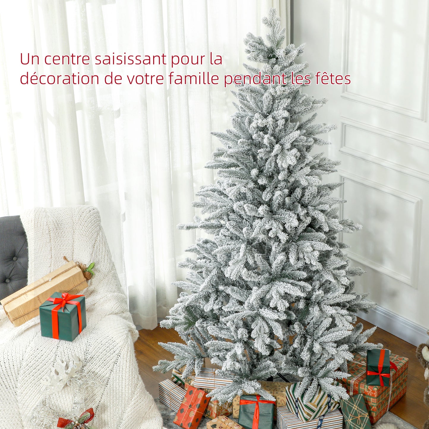 Kunstkerstboom – Kunstmatige Kerstboom – Kerstboom Met Takken – Decoratieve Kerstboom – Sneeuwkerstboom – 180 cm Hoog – 1489 Takken Met Denappeldecoratie