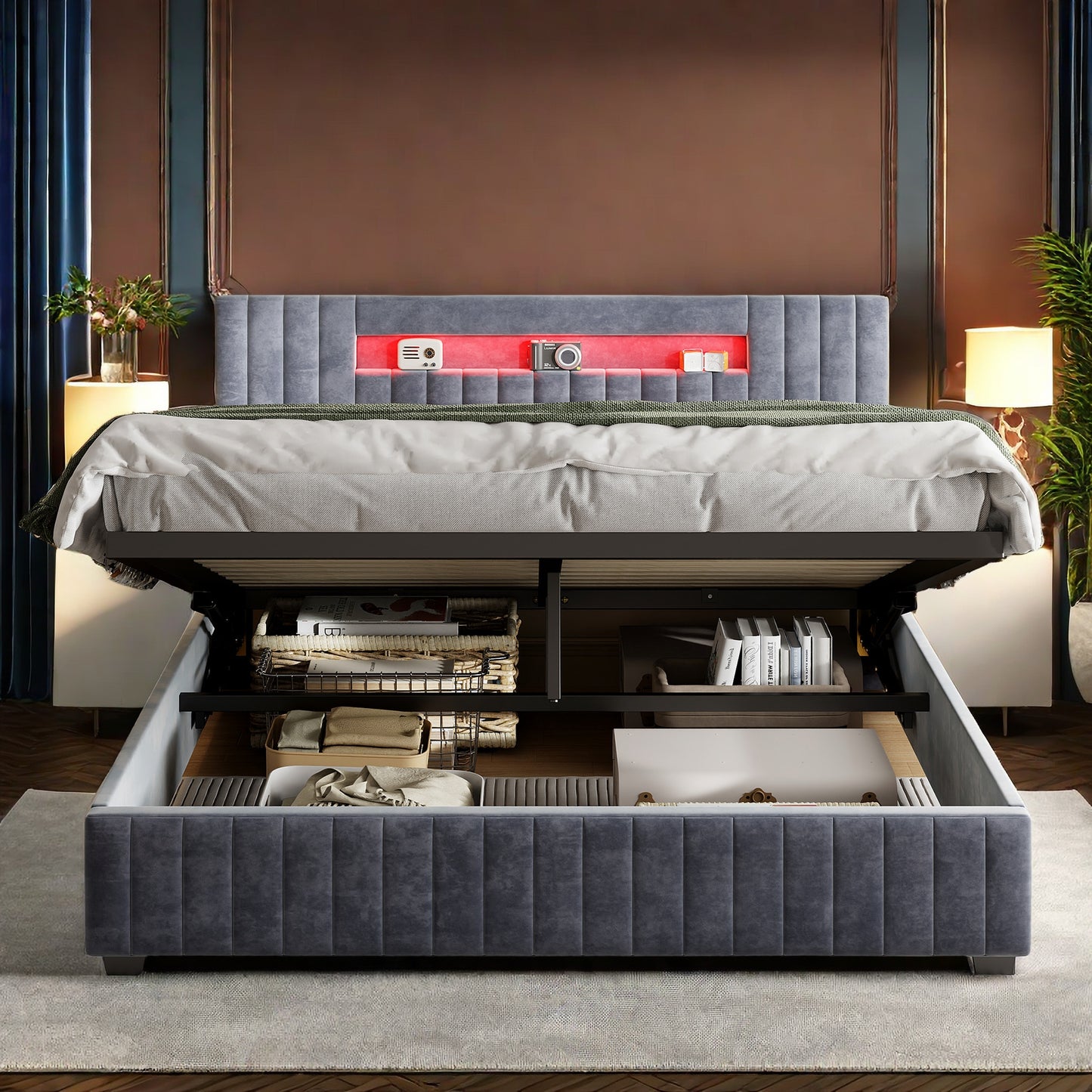 Bedframe – Tweepersoonsbed – Opbergbed – Slaapbank – Bedbodem – Velvet Hoofdbord – LED Verlichting – 140x200 cm – Grijs