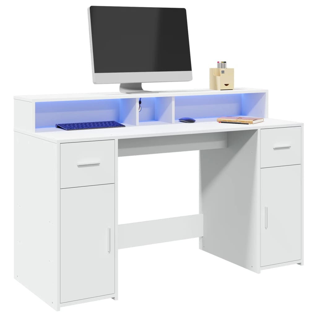 Laptoptablet – Bureau – Werkplek – Bureau Met Opbergruimte – Wit – RGB LED-Verlichting – Duurzaam Vernieuwd Hout