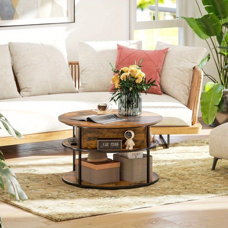 Verstelbare Salontafel – Ronde Tafel – Bijzettafel – Coffee Table – Woonkamer Tafel – Bruin – Hoogte Verstelbaar 47-61,5 cm – Met Verborgen Opbergruimte
