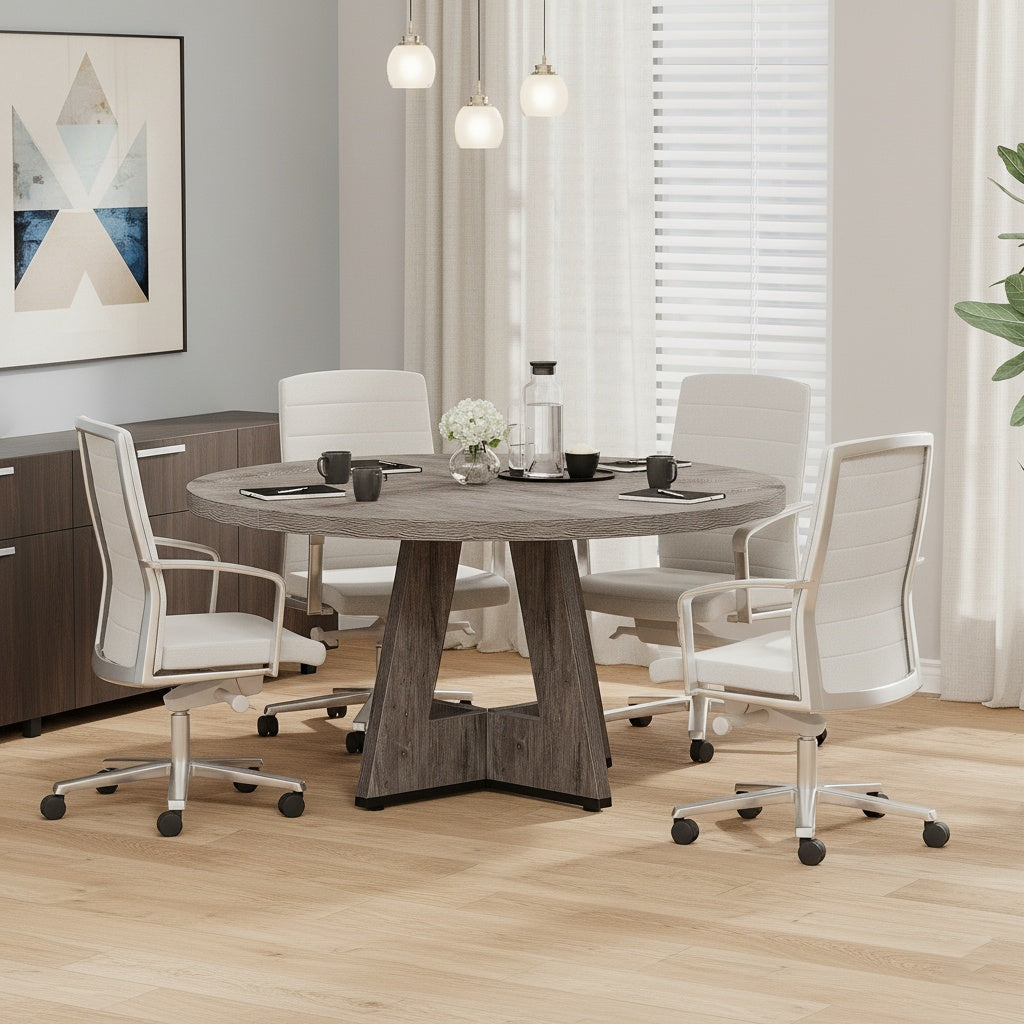 Ronde Bureau – Schrijftafel – Studietafel – Werkplek Meubel – Landelijk Bureau – Diameter 119 cm – Massief Houten Voet – Grijze Afwerking
