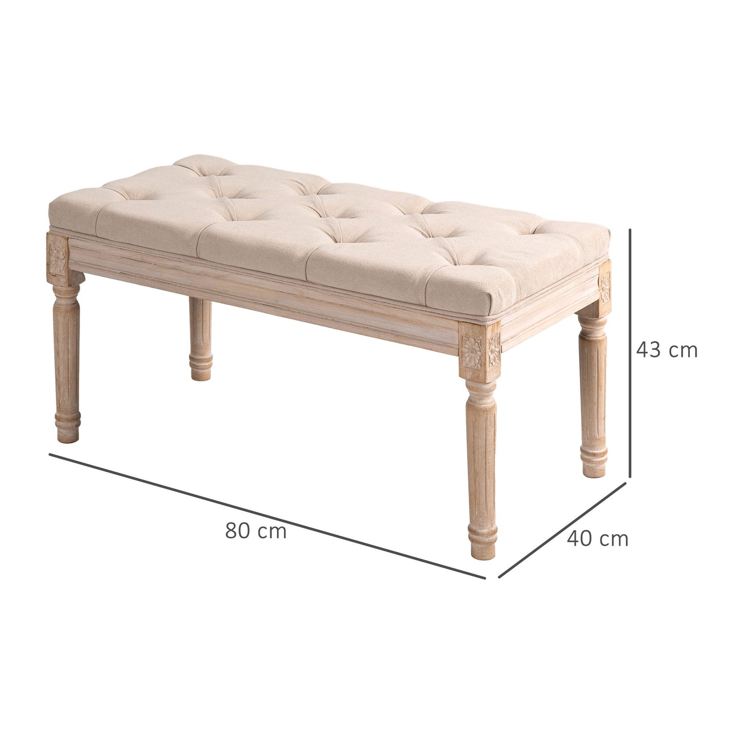 Vintage design bankje – zitbank – tuinbankje – krukje – halbankje – crèmekleur – button-tufted zitvlak – gedraaide houten poten
