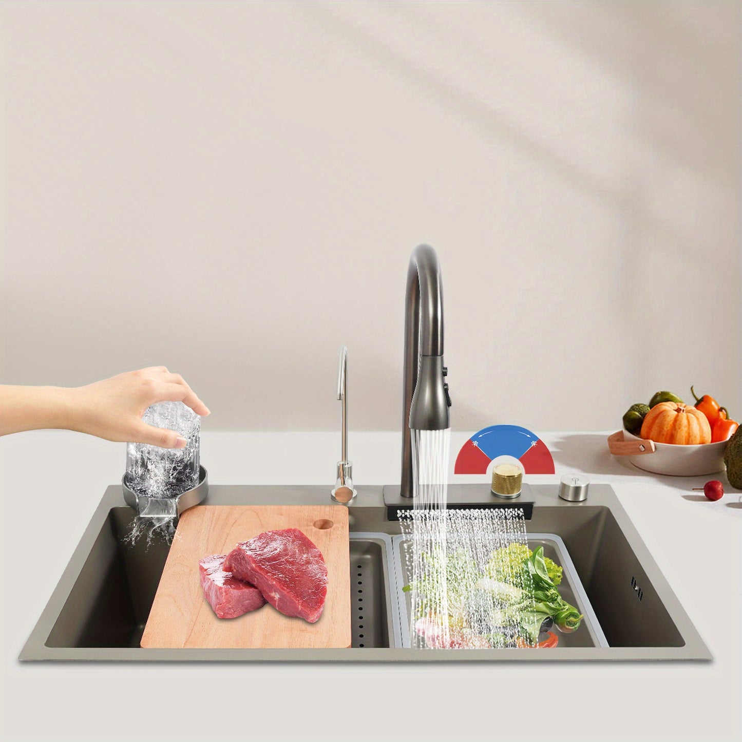 Keukenset – Spoelbak – Gootsteen – Uittrekbare Kraan – Snijplank – Roestvrij Staal 304 – Ruimtebesparende Inbouw – 3 Waterstanden
