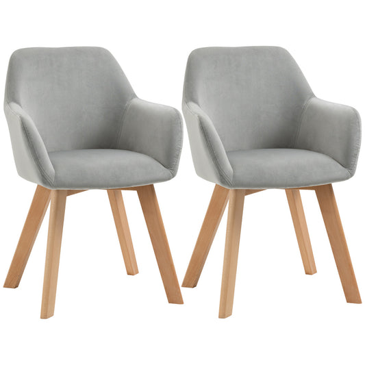 Eetkamerstoelen – Keukenstoelen – Stoelen met Armleuningen – Gestoffeerde Stoelen – Verchroomde Stoelen – Set van 2 – Velvet-Look Bekleding – Houten Poten – Grijs – Comfortabele Rugleuning – Modern Design