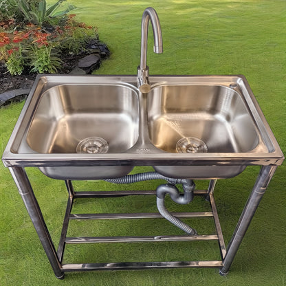 Double sink stainless steel sink with 2 basins, standalone kitchen sink with hot and cold water faucet and drainage kit, suitable for garden and camping