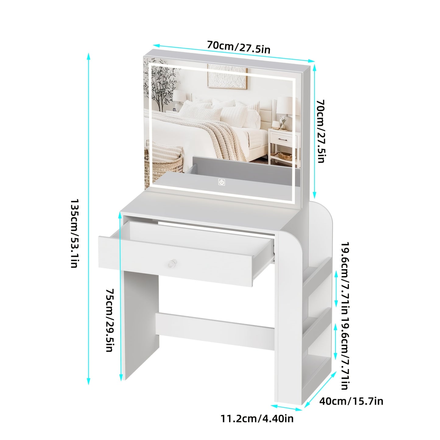 Makeuptafel – Kaptafel – Cosmeticatafel – Make-uptafel – Schminktafel – Schuifspiegel – Verborgen Opbergruimte – Groot Lade- en Vaksysteem – Wit – 81,2x40x135 cm