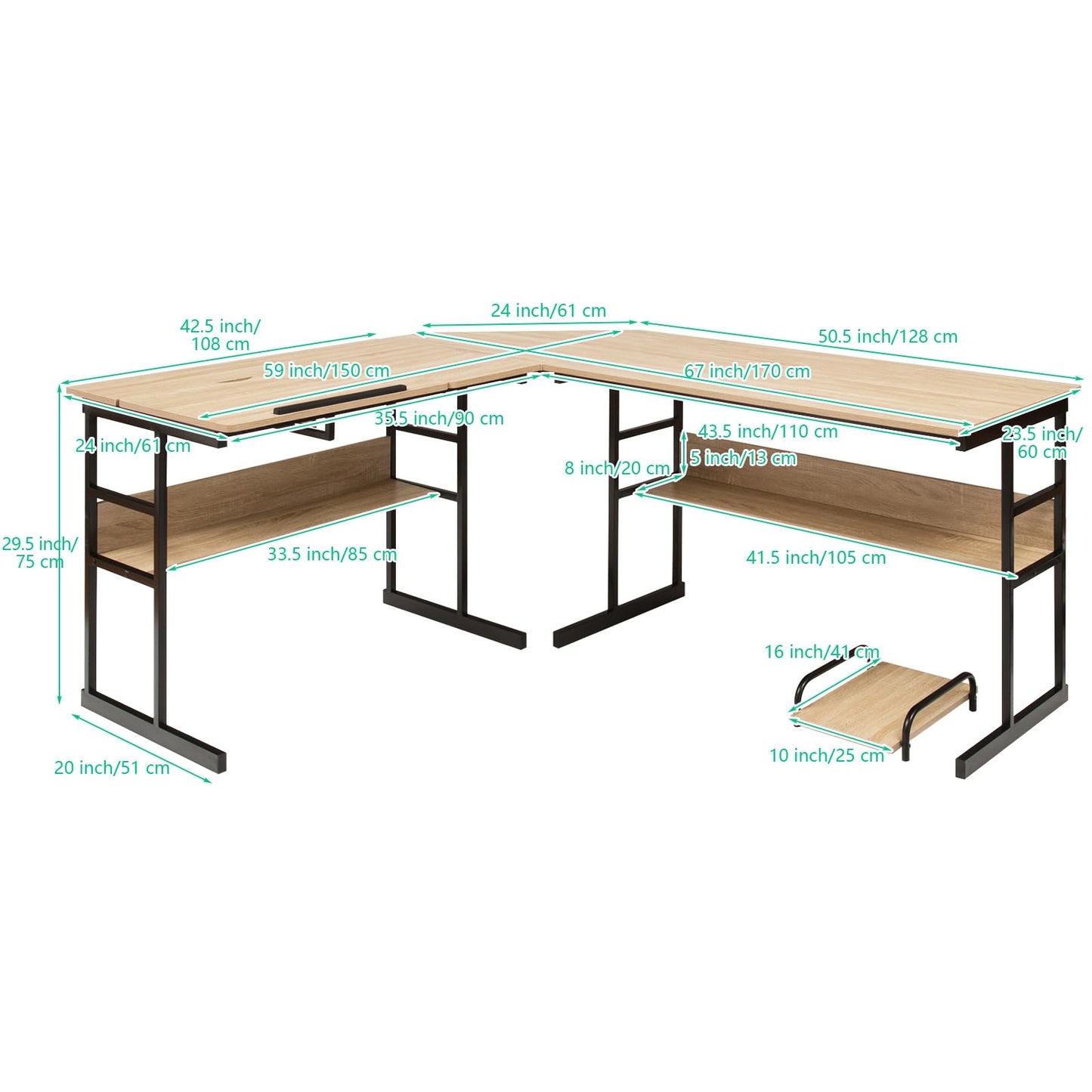 L-Shape Bureau – Hoekbureau – Computertafel – Werkplek – Thuiswerkplek – Houten Tafel Met Verstelbaar Schuin Blad – 170x150x75 Cm Naturel