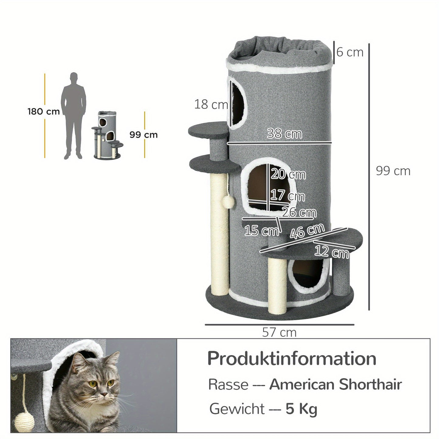 Kattenkrabton – Krabpaal – Krabmeubel – Kattenhuis – Kattenboom – Met Sisaltouw – 99 cm Hoog – Grijs Plush