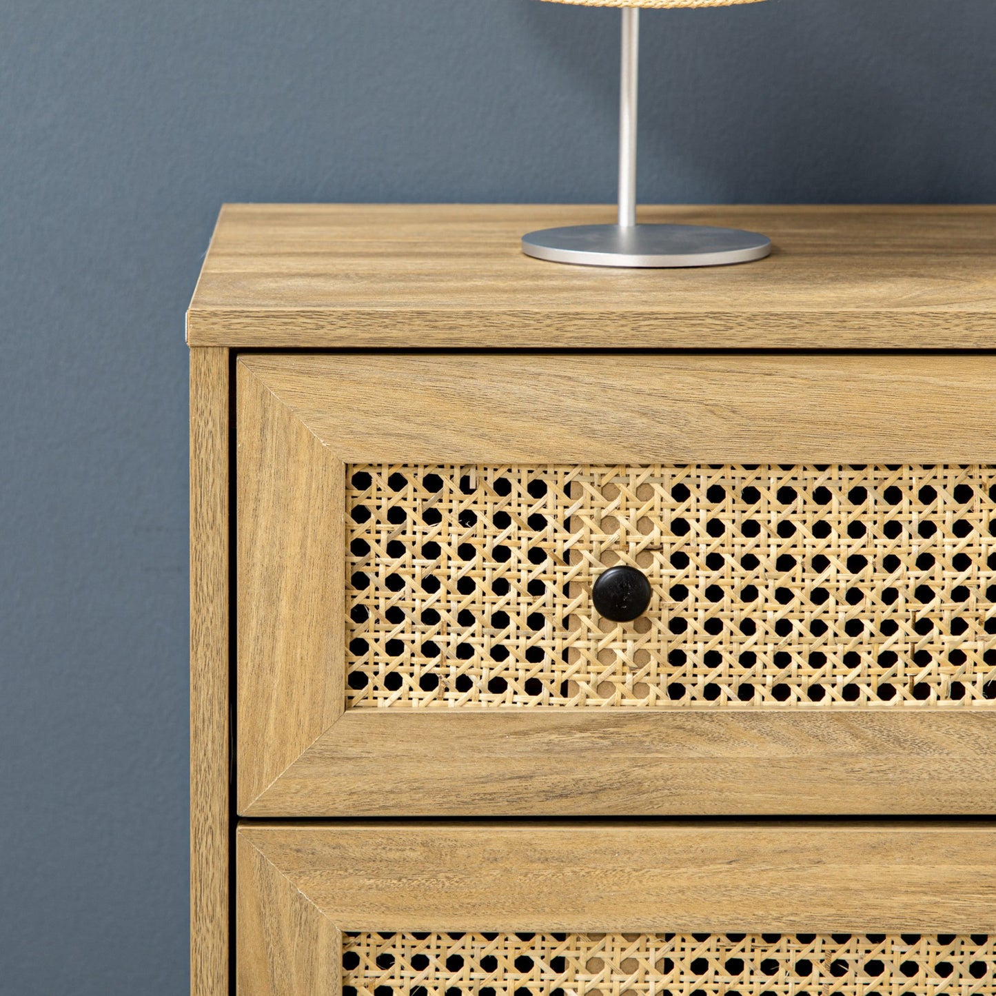 Commode – Ladekast – Dressoir – Opbergkast – Kast – 4 Lades – MDF Met Rattan Front – 80x35x95 cm – Licht Hout Effect