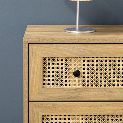 Commode – Ladekast – Dressoir – Opbergkast – Kast – 4 Lades – MDF Met Rattan Front – 80x35x95 cm – Licht Hout Effect