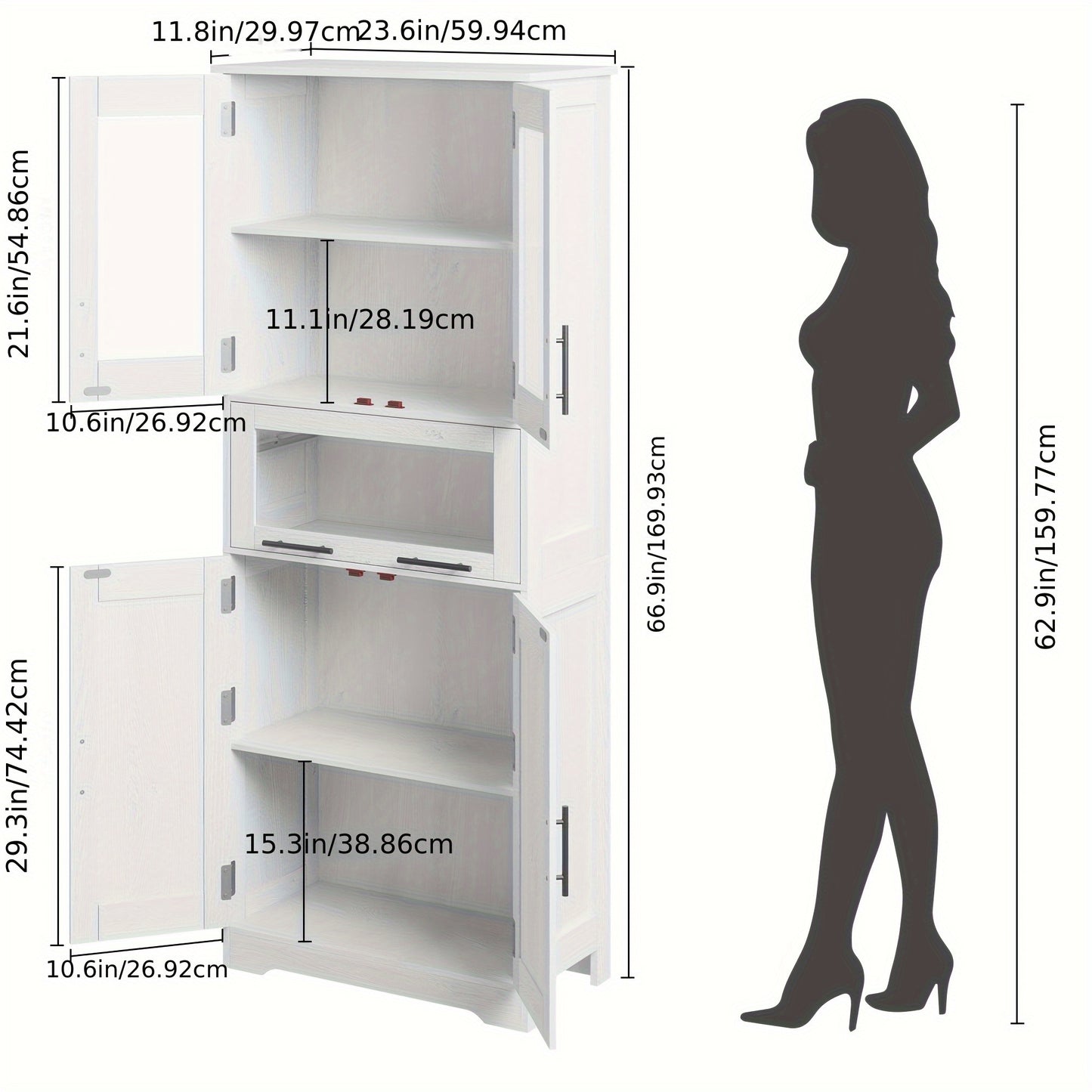 Badkamerkast – Kolomkast – Opbergkast – Wastafelonderkast – Hoogkast – Smal Wit – 5 Vakken – Verstelbare Plank – MDF 60x30x170 cm
