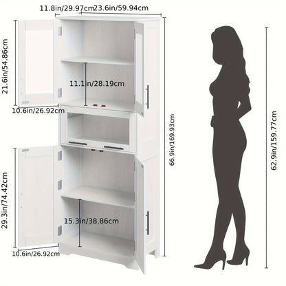 Badkamerkast – Kolomkast – Opbergkast – Wastafelonderkast – Hoogkast – Smal Wit – 5 Vakken – Verstelbare Plank – MDF 60x30x170 cm