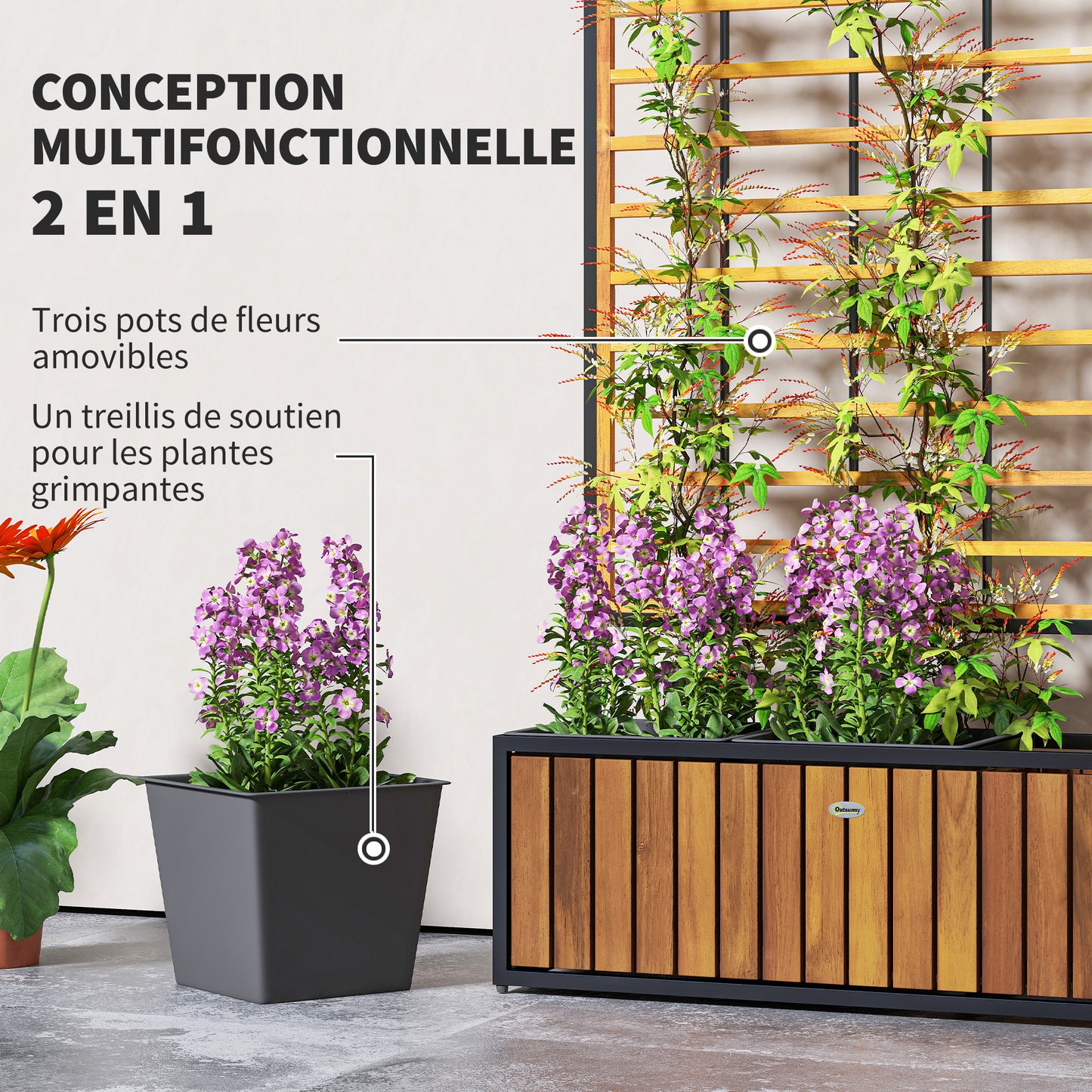 Verhoogde Plantenbak – Tuinbak – Bloembak – Plantenbak Met Klimrek – Balkonbak – Acaciahout En Staal – Drie Plantenvakken Met Drainage – Verstelbare Voeten 74x27x131 cm Teak