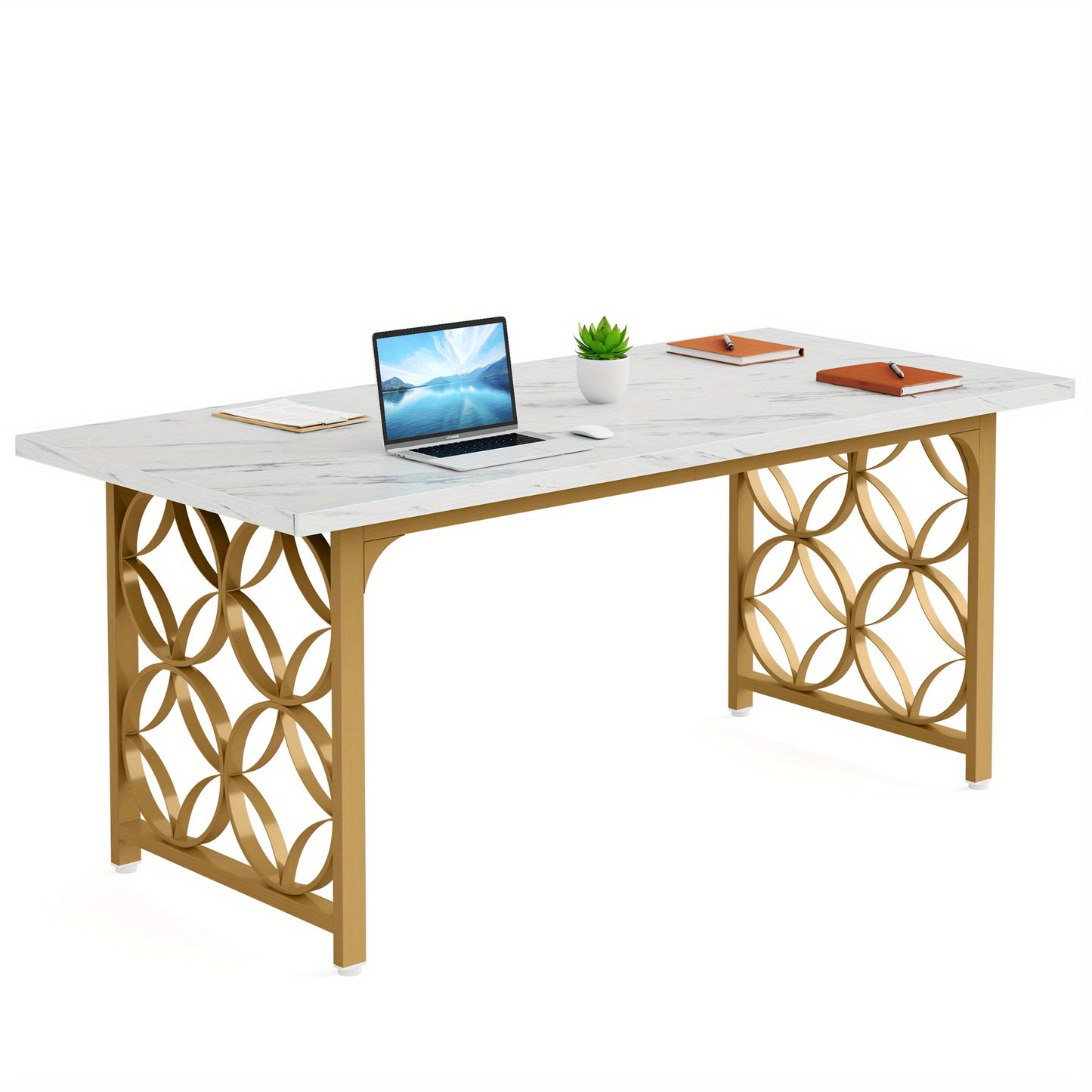 Conferentietafel – Vergadertafel – Bureautafel – Ontmoetingstafel – Werktafel – Wit met Gouden Accenten – Verstelbare Hoogte 68,5 cm – Stevig MDF Tafelblad en Metalen Frame