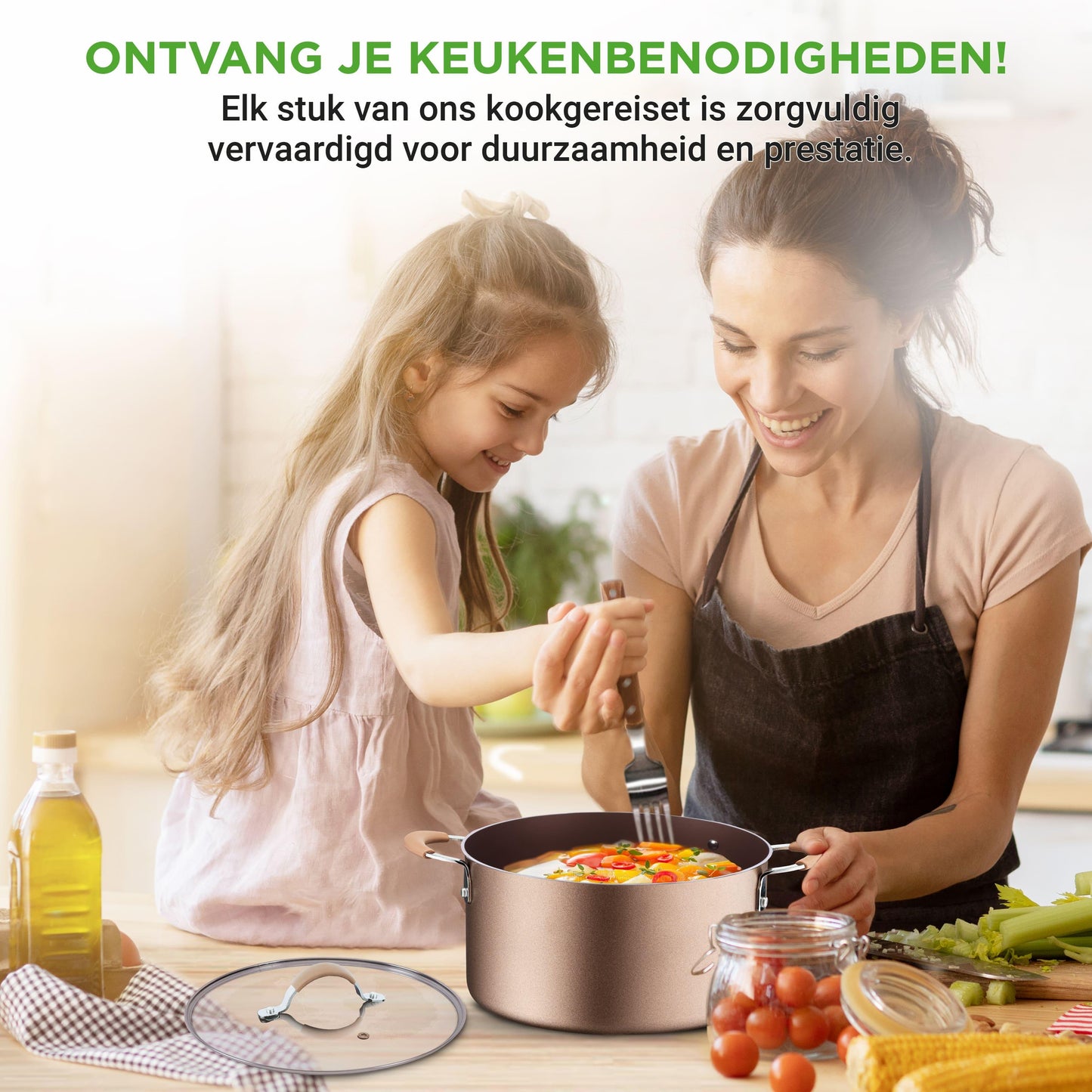 Pannenset – Kookset – Koekenpannen – Kookpannen – Braadpan – 14-delig – Aluminium met Anti-aanbaklaag – Geschikt voor Inductie – Gouden Uitvoering