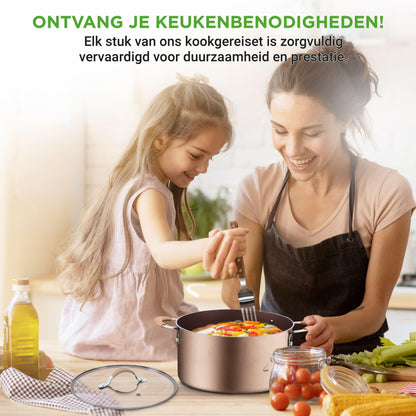 Pannenset – Kookset – Koekenpannen – Kookpannen – Braadpan – 14-delig – Aluminium met Anti-aanbaklaag – Geschikt voor Inductie – Gouden Uitvoering