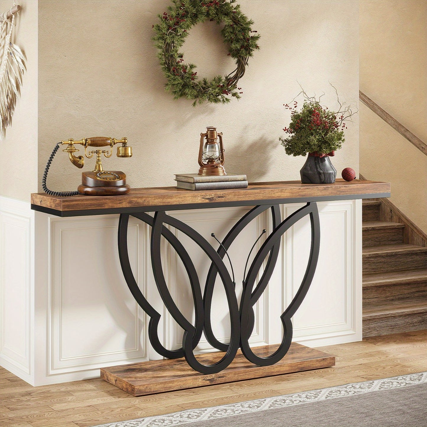 Farmhouse Sidetable – Console Table – Haltafel – Sofa Table – Gangtafel – 55 Inch – Robuust Metaal & Houten Blad – Extra Opbergruimte