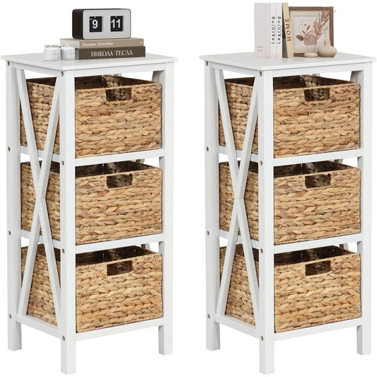 Bijzettafels – Nachtkastje – Telefontafel – Sidetable – Salontafel – Set van 2 met 3 zeegrasmanden – Stevig X-vormig metalen frame – Natuurlijke en functionele opbergruimte
