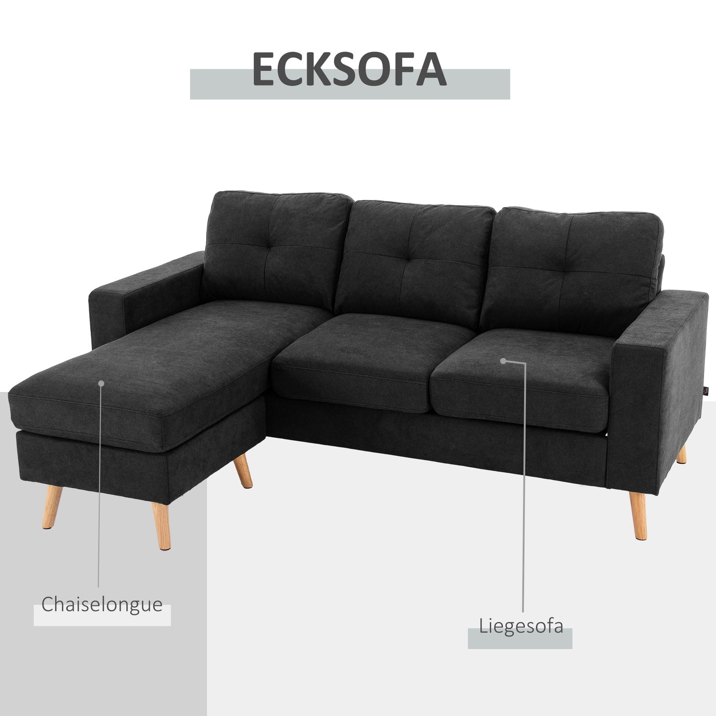 Hoekbank – 3-Zitsbank – Sofa – Loungebank – Chaise Longue – Zwart – Button Tufting – Compacte Afmetingen 193x136x85 CM