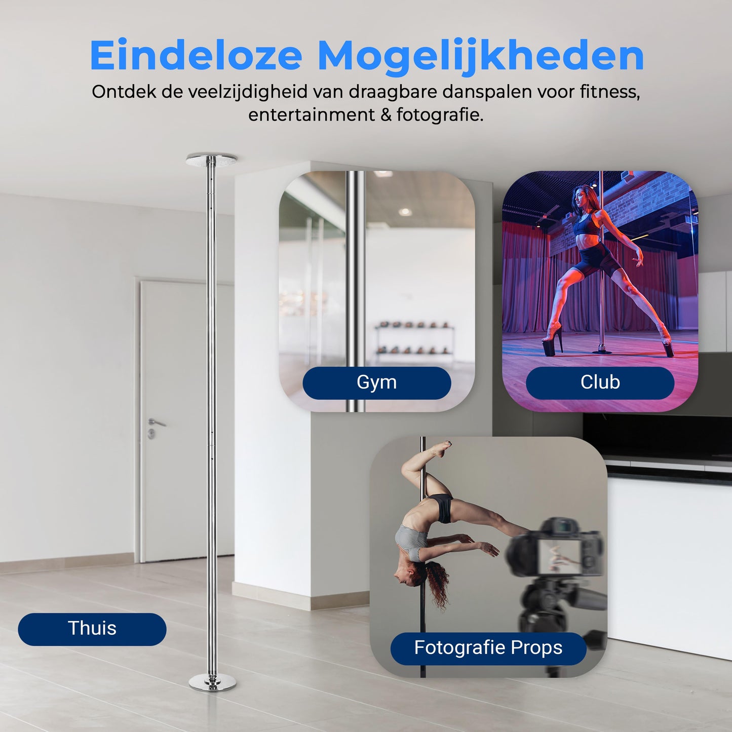 Danspaal – Pole Dance Paal – Pole Fitness Paal – Dansstang – Bewegingspaal – Verstelbare Hoogte 2,03-2,74 m – Robuust Chroomstaal 500 kg Belastbaar