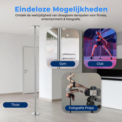 Danspaal – Pole Dance Paal – Pole Fitness Paal – Dansstang – Bewegingspaal – Verstelbare Hoogte 2,03-2,74 m – Robuust Chroomstaal 500 kg Belastbaar