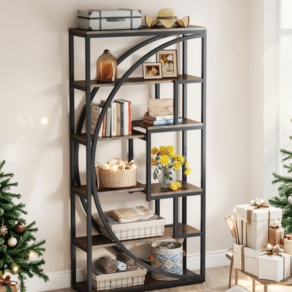 Industriële Boekenkast – Boekenplank – Wandrek – Opbergkast – Displaykast – 179,8 cm Hoog – Zwart Metalen Frame & Bruine Houten Planken – Stevige 6-Lagen Opslag