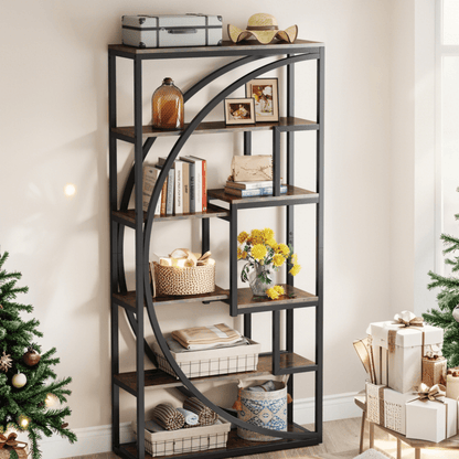 Industriële Boekenkast – Boekenplank – Wandrek – Opbergkast – Displaykast – 179,8 cm Hoog – Zwart Metalen Frame & Bruine Houten Planken – Stevige 6-Lagen Opslag
