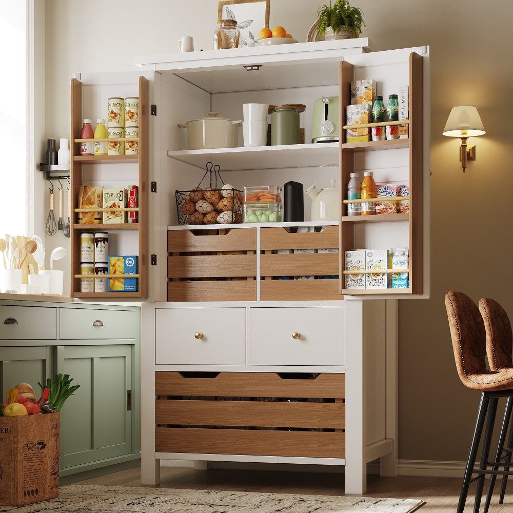 Modern Tall White Kitchen Cabinet with 2 Doors & 5 Drawers - Heavy-Duty -Standing Storage Unit Suitable for Small Kitchens, Dish Cabinet, Pantry, Space-Saving