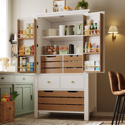 Modern Tall White Kitchen Cabinet with 2 Doors & 5 Drawers - Heavy-Duty -Standing Storage Unit Suitable for Small Kitchens, Dish Cabinet, Pantry, Space-Saving