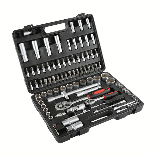 94pcs Auto Repair Tool Set with Durable Metal Sockets & Joint - Heat & Wear Resistant, Polished Finish, Includes Ratchet Handles, Extension Bars, and Hex Key Wrenches in Organized Case - Perfect for Car Maintenance