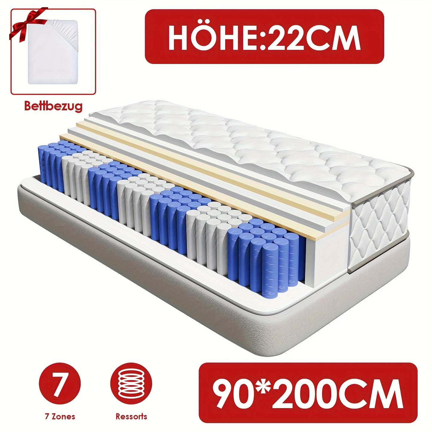 7-zones pocketveermatras – pocketveer matras – traagschuim matras – ergonomisch matras – H3 matras – 140x200 cm – memory foam toplaag – afneembare wasbare katoenen hoes