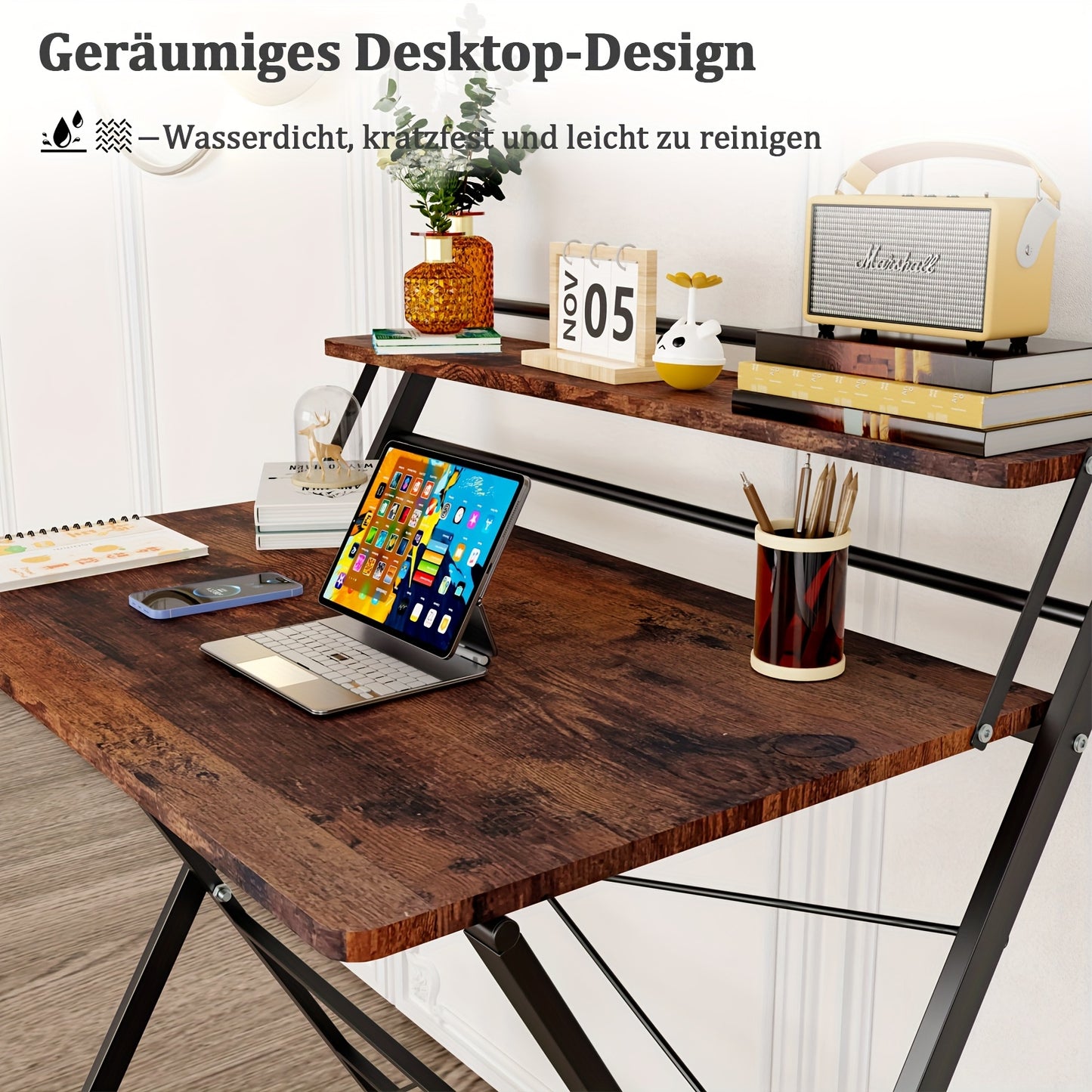 Bureau – Computerbureau – Bureautafel – Werkplek – Opvouwbaar – Ruimtebesparend – Stevig Legeringsstaal Frame – Ingebouwde Plank en Monitorstandaard