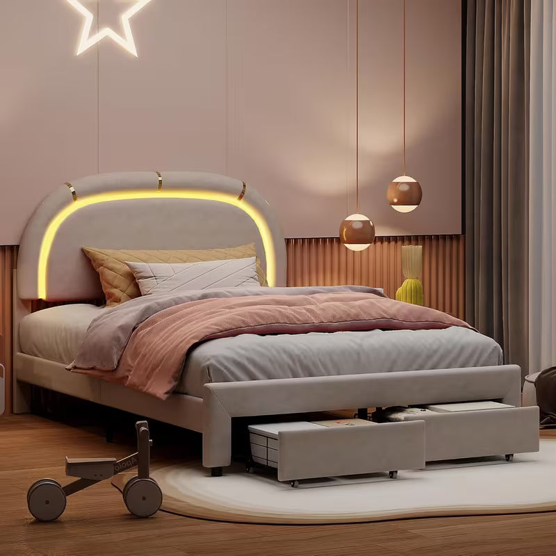 Gestoffeerd Bed 160x200 – Tweepersoonsbed – Stapelbed – Opbergbed – Bed met Lade – Semi-Rond Hoofdbord – Verstelbaar Hoofdbord – 2 Lade Opbergruimte – Lattenbodem