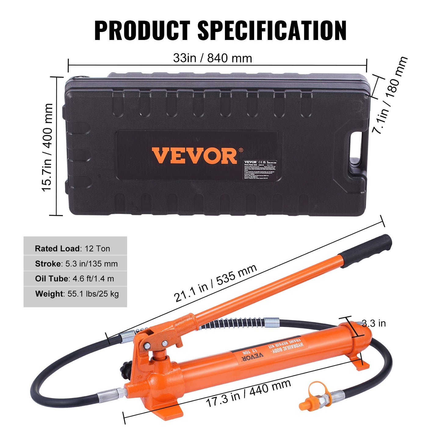 Hydraulische Krikset – Hydraulische Pomp – Hydraulische Cilinder – Auto Krik – Reparatieset – Max Draagkracht 12 Ton – Gietijzeren Cilinder & TPU Afdichtingen